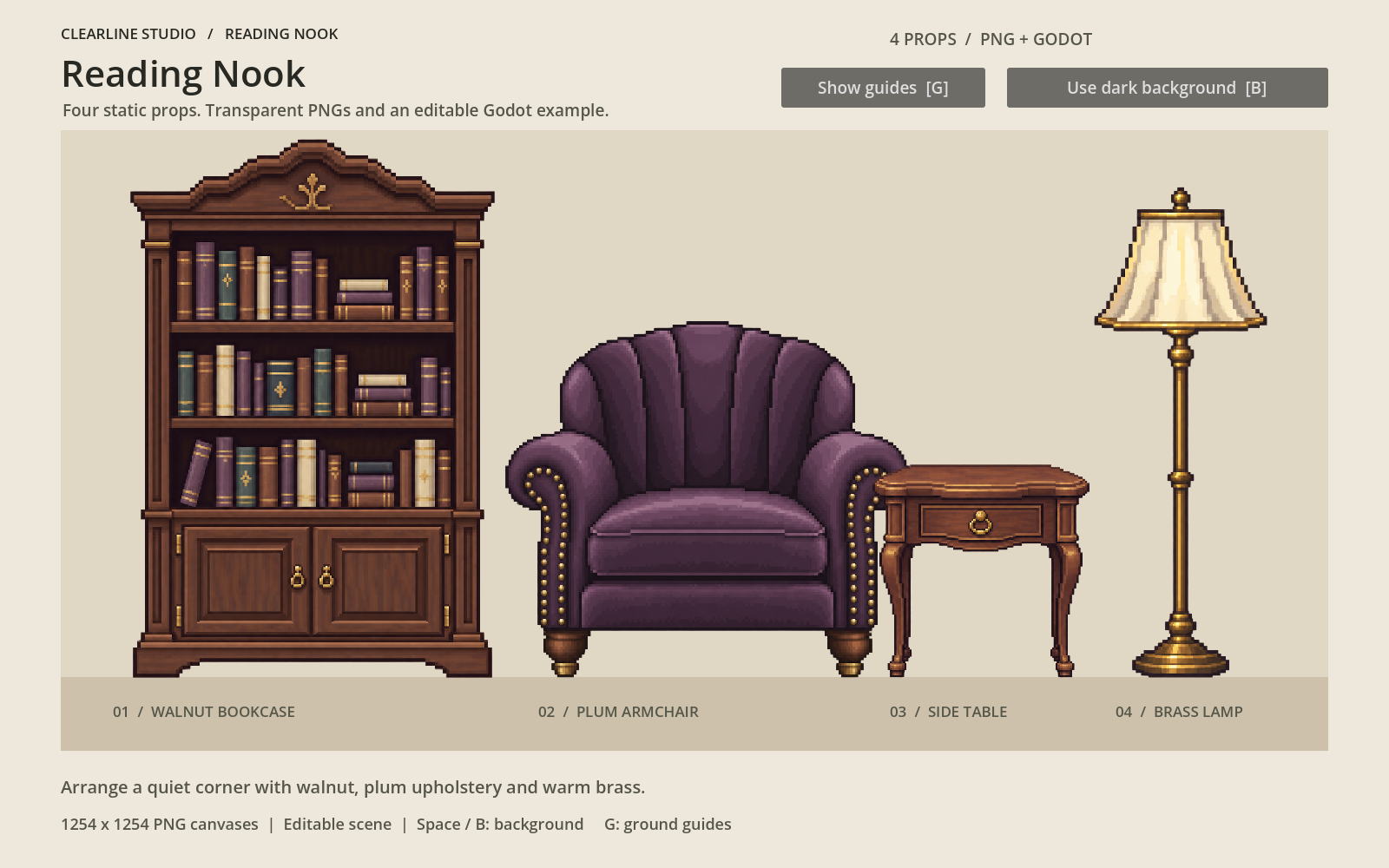 Reading Nook bookcase, armchair, side table and floor lamp in the included Godot example