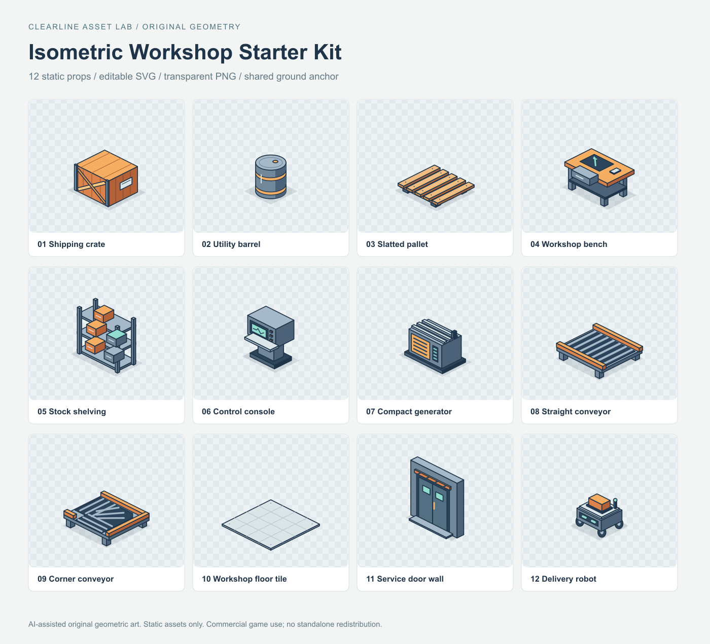All twelve props: shipping crate, barrel, pallet, workbench, shelving, console, generator, straight conveyor, corner conveyor, floor tile, door wall and delivery robot.