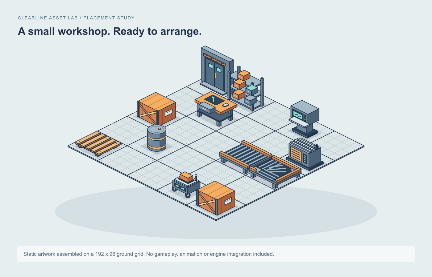 Illustrative arrangement of the workshop kit: crates, a bench, shelving, conveyors, a console and a delivery robot on a tiled floor.